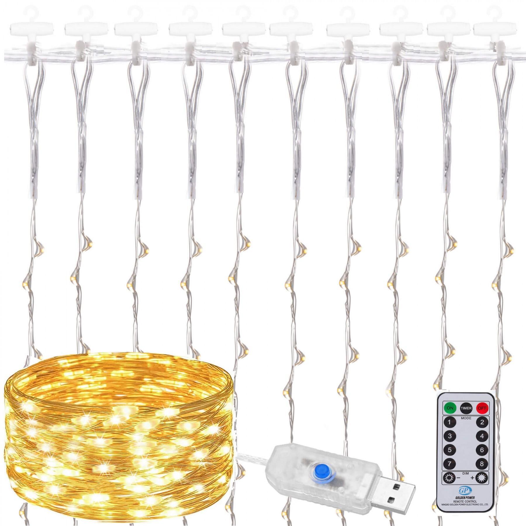 Гірлянда водоспад (штора) Springos 2 x 2 м 200 LED Pilot USB CL4020 Warm White